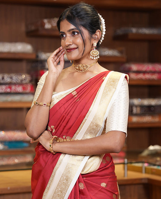 Red zari buttas soft silk saree , contrast peacock and mango zari weaving border , contrast weaving rich pallu and contrast Blouse