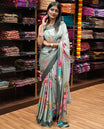Pista green multi-color floral printed with mirror work masakali saree, contrast plain border, and a matching blouse