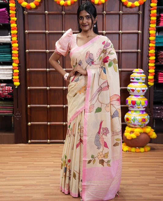 Chikku-pink macow parrot and floral printed Mangalgiri cotton saree, contrast thread traditional border, astriped pallu, and floral-stripes printed blouse