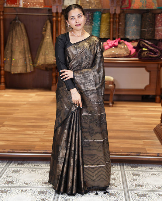 Borderless Black Fancy Matka Silk Saree, Enriched with Gleaming Zari Weave and Leaf Jacquard Designs, Rich Pallu of Chevron Stripes, and Paired with a Matching Jacquard Blouse