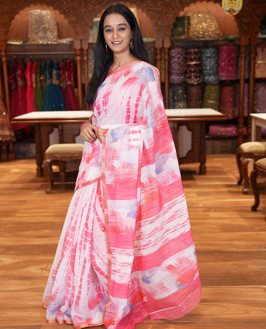 White-Pink Linen Cotton Saree, Decked Up with Shibori Print, a Piping Border, Shibori-Printed Pallu, and a Contrast Blouse
