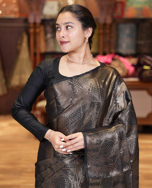 Borderless Black Fancy Matka Silk Saree, Enriched with Gleaming Zari Weave and Leaf Jacquard Designs, Rich Pallu of Chevron Stripes, and Paired with a Matching Jacquard Blouse