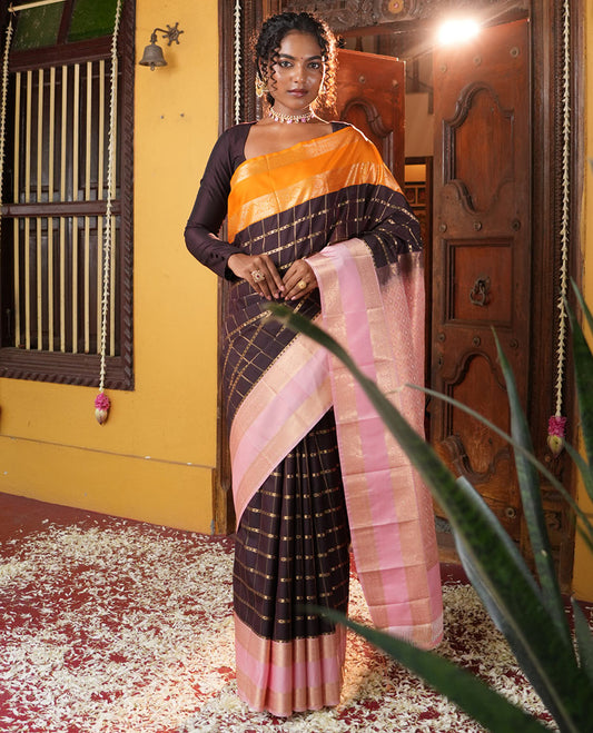 Brown Checked Budget Silk , Contrast Border, Blouse