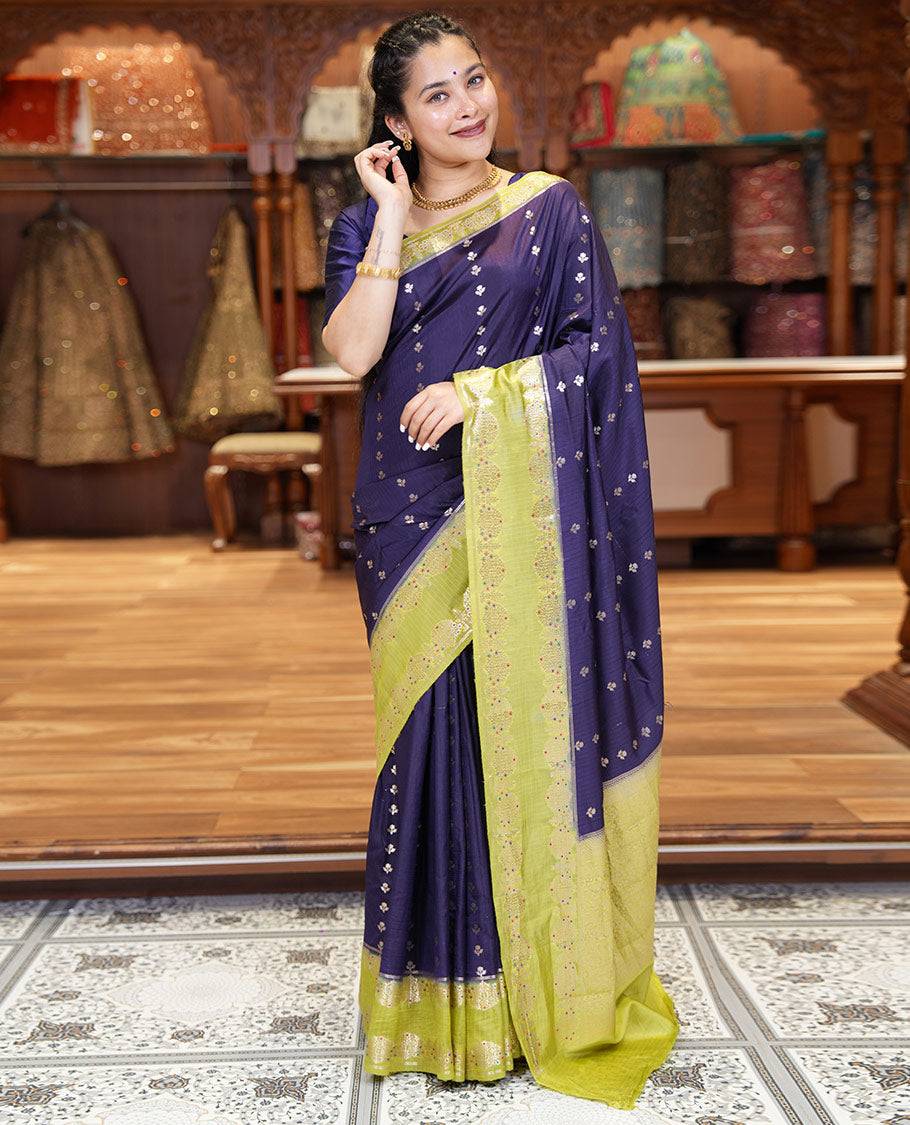 Blue-Colored Green Mango-Silk Saree, Enriched with Floral Zari Buttas All Over Its Body, Complemented by a Contrast Meenakari-Zari Floral Design Border, Pallu of Floral Jaal Designs, and Paired with a Contrast Blouse