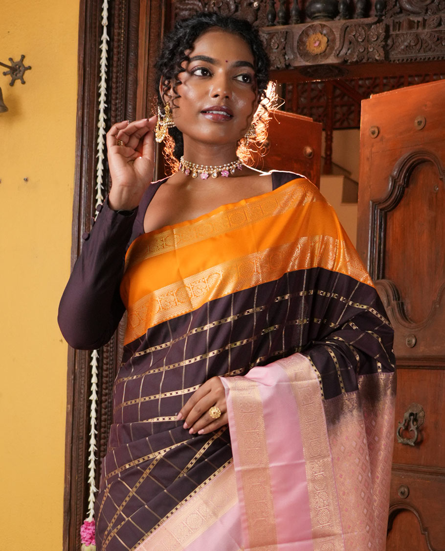 Brown Checked Budget Silk Saree, Contras Border, Contrast Blouse