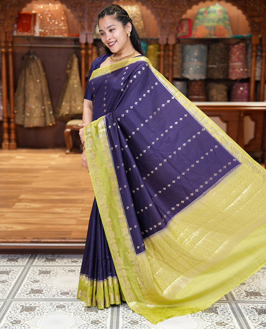Blue-Colored Green Mango-Silk Saree, Enriched with Floral Zari Buttas All Over Its Body, Complemented by a Contrast Meenakari-Zari Floral Design Border, Pallu of Floral Jaal Designs, and Paired with a Contrast Blouse