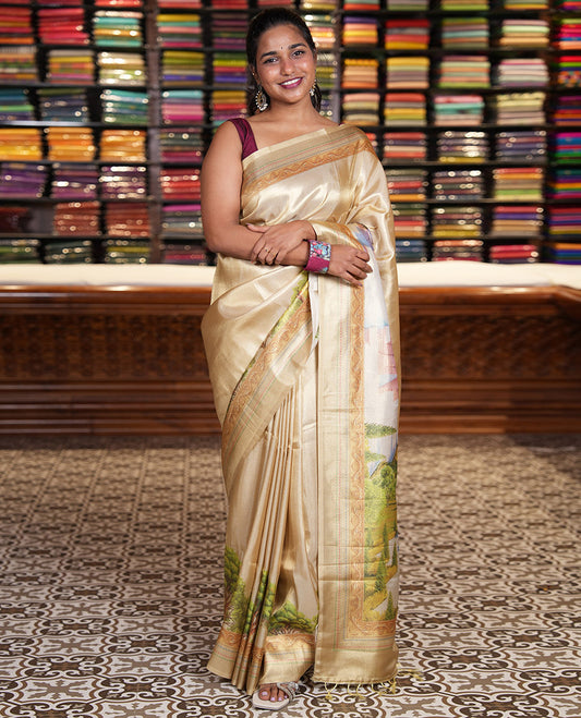 Gold Ayothya temple printed tissue satin saree, kantha work printed border, Ayothya temple printed pallu, and ogee patterned blouse