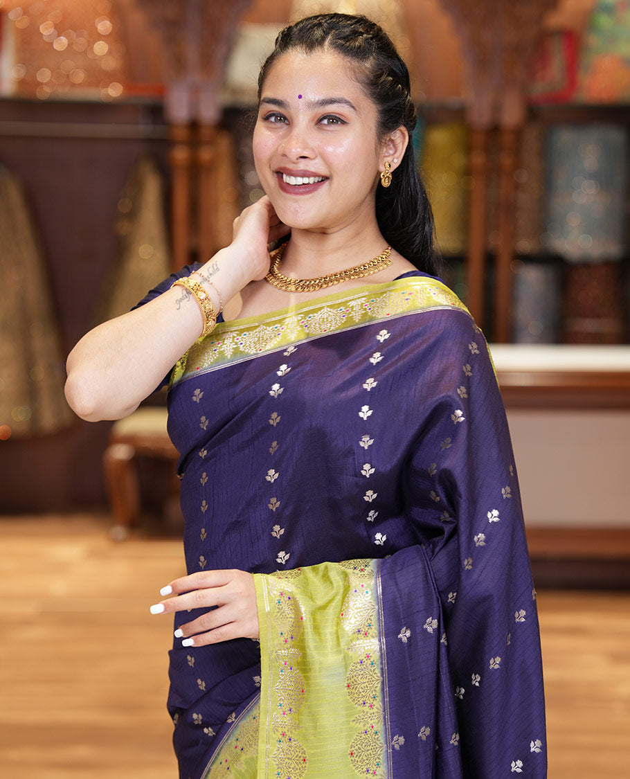 Blue-Colored Green Mango-Silk Saree, Enriched with Floral Zari Buttas All Over Its Body, Complemented by a Contrast Meenakari-Zari Floral Design Border, Pallu of Floral Jaal Designs, and Paired with a Contrast Blouse