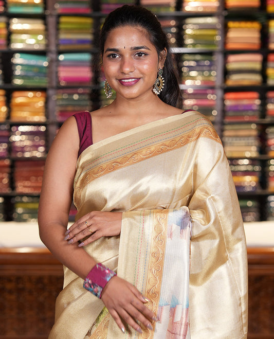 Gold Ayothya temple printed tissue satin saree, kantha work printed border, Ayothya temple printed pallu, and ogee patterned blouse