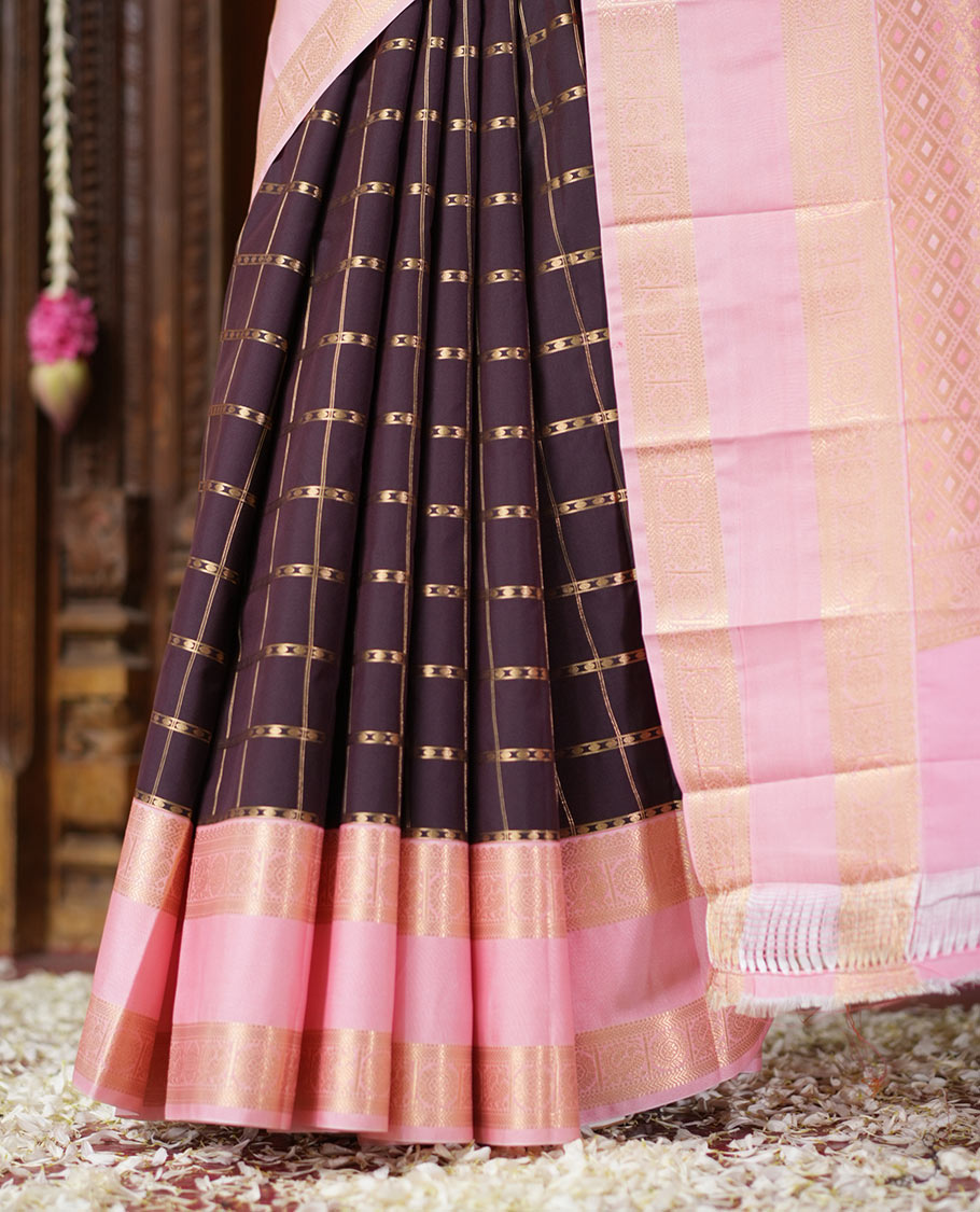 Brown Checked Budget Silk Saree, Contras Border, Contrast Blouse