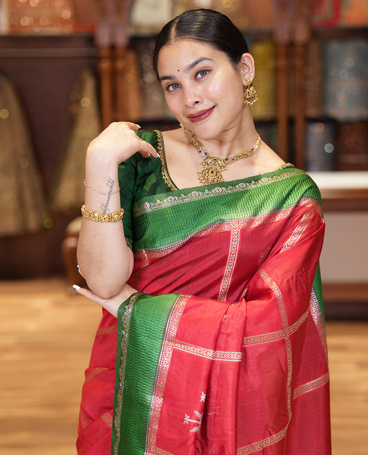 Red Mango-Silk Saree, Artfully Detailed with Meena Butta Enclosed Checks All Over Its Body, Complemented by a Contrast Floral Creeper Meenakari Border, Gleaming Zari Striped Pallu, and Paired with a Contrast Blouse