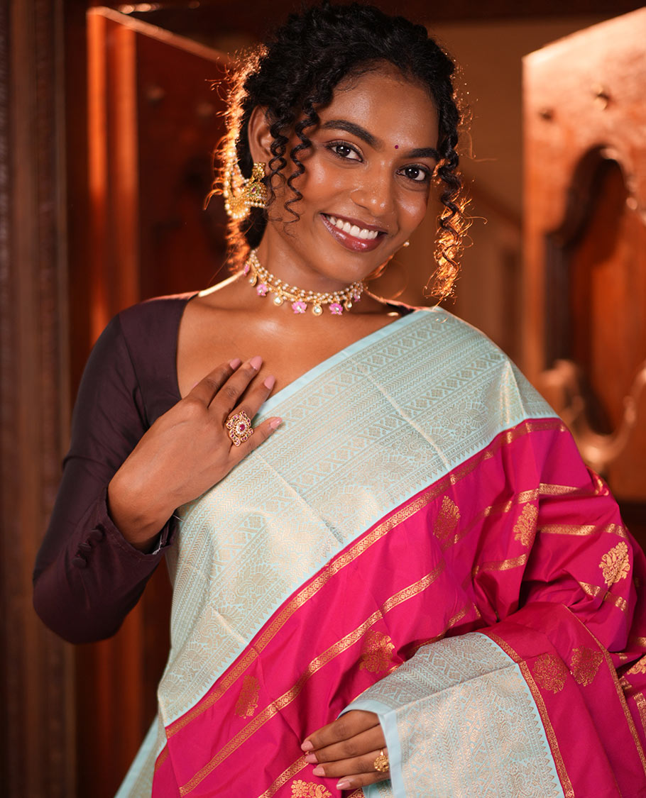 Dark Pink Zari Design Budget Silk Saree, Contrast Traditional Border, Contrast Blouse