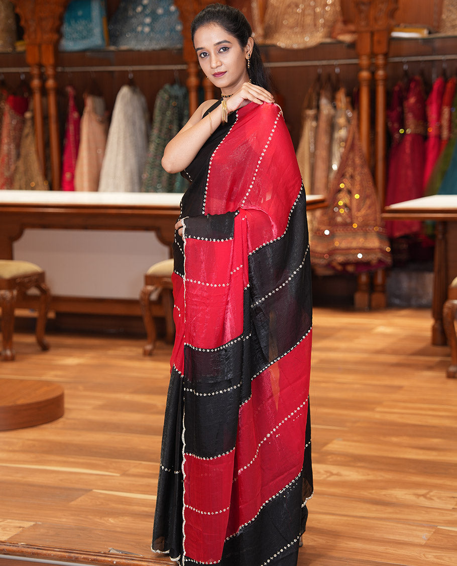 Red-Black Fendi Chiffon Saree, Gleamed Up with Swarovski Stonework, a Scallop Swarovski Stonework Border, a Matching Stonework Blouse