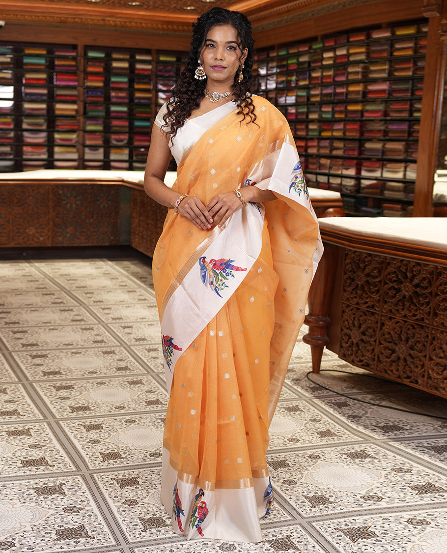 Mustard zari buttas fancy organza saree, contrast satin with small zari border of macaw parrot motifs digital print, zari pallu, and a running blouse