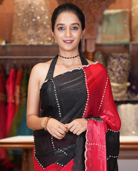 Red-Black Fendi Chiffon Saree, Gleamed Up with Swarovski Stonework, a Scallop Swarovski Stonework Border, a Matching Stonework Blouse