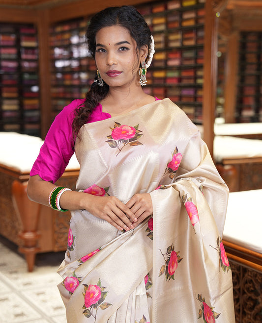 Borderless olive green geometric checks, and floral motifs fancy tussar saree, contrast traditional zari woven pallu, and a contrast zari design blouse