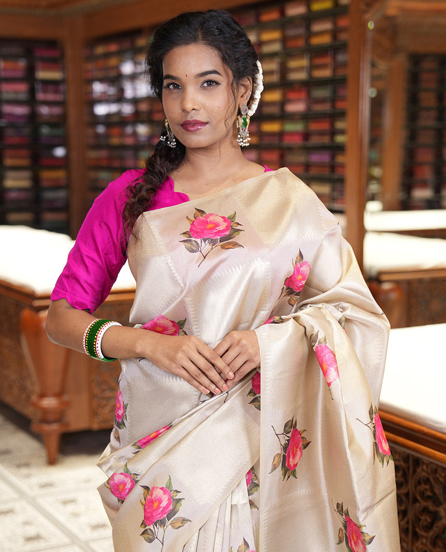 Borderless olive green geometric checks, and floral motifs fancy tussar saree, contrast traditional zari woven pallu, and a contrast zari design blouse