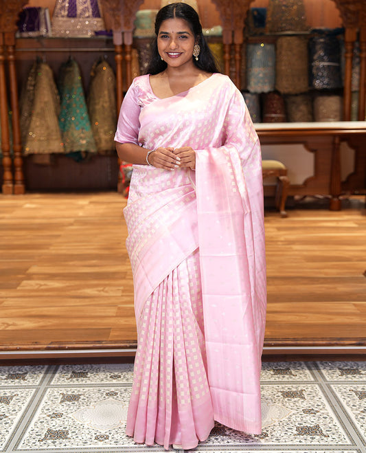 Pink Kanchi Silk Saree, Embellished with Checked Design on Its Body, Highlighted by a Self-Border of Diamond Patterns, Pallu Steeped with Buttas, and Paired with a Matching Blouse
