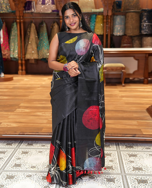 Borderless Black and Red Khadi Cotton Saree, Adorned with Big Circles Motifs, Floral Motifs, and Batik Print on Its Body, Self-Printed Pallu, and Paired with a Matching Printed Blouse