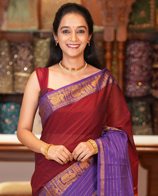 Maroon Plain Mercerised Cotton Saree, Contrast Traditional Zari Peacock Border, Striped Pallu, and a Matching Blouse