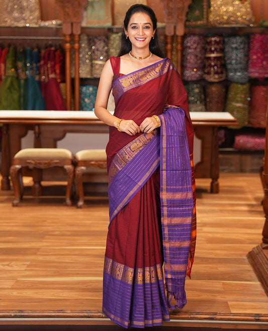 Maroon Plain Mercerised Cotton Saree, Contrast Traditional Zari Peacock Border, Striped Pallu, and a Matching Blouse