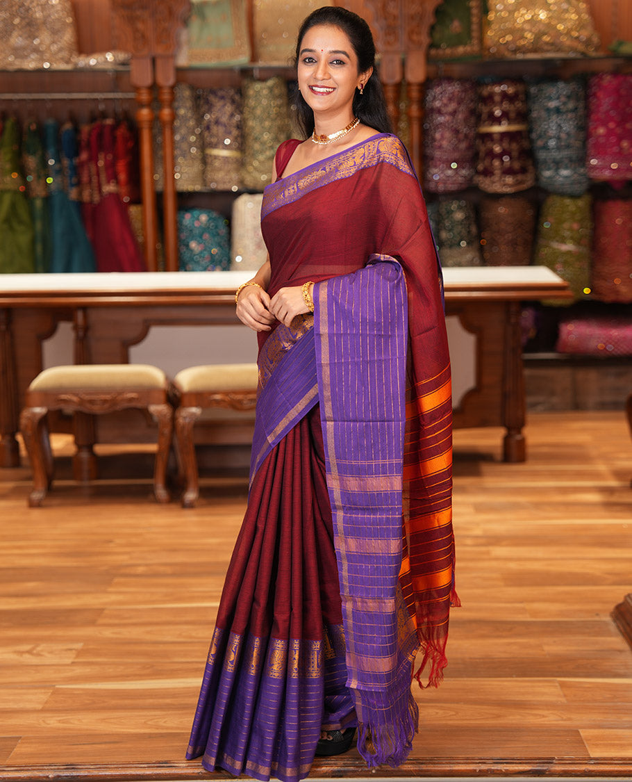 Maroon Plain Mercerised Cotton Saree, Contrast Traditional Zari Peacock Border, Striped Pallu, and a Matching Blouse
