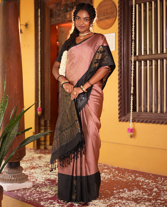 Onion Pink-Black Striped Mayuri Lite Silkmix , Contrast Border, Blouse