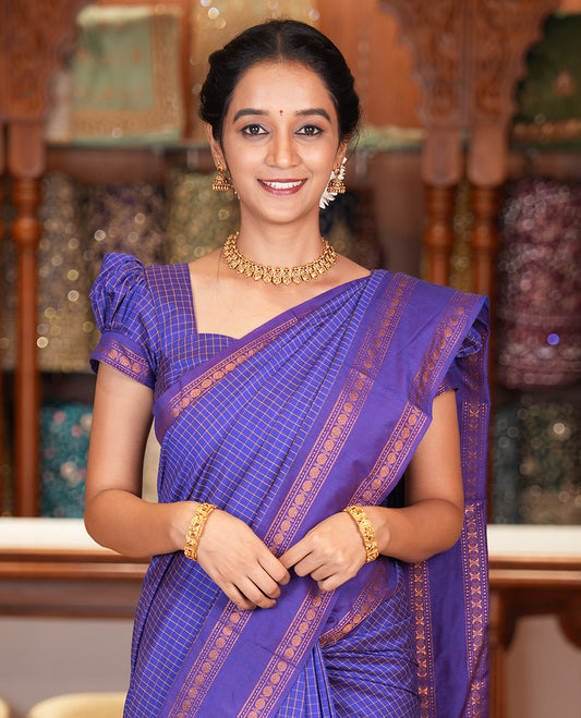 Royal Blue Checked Kalyani Cotton Saree, Contrast Rettai Pettu Rudraksham Border and a Matching Blouse
