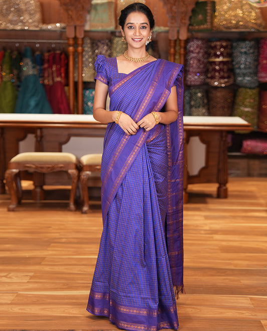 Royal Blue Checked Kalyani Cotton Saree, Contrast Rettai Pettu Rudraksham Border and a Matching Blouse