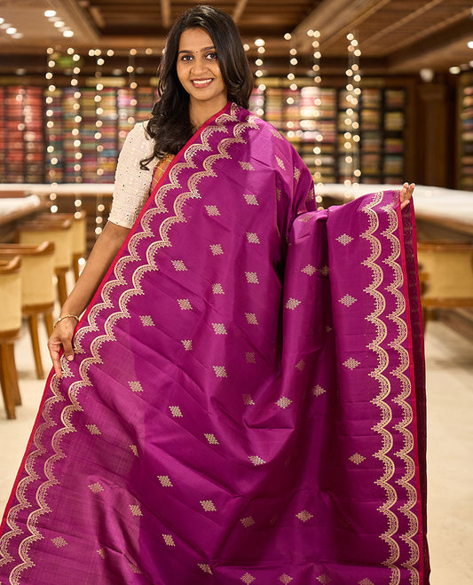 Purple kolam buttas Kanchipuram silk saree, zari scallop border & pallu of scallop vanki designs in zari