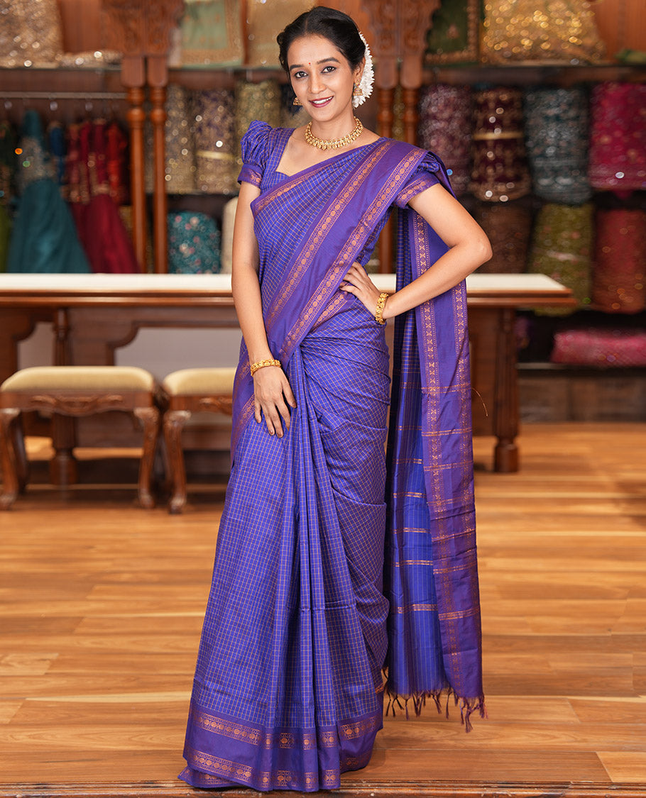 Royal Blue Checked Kalyani Cotton Saree, Contrast Rettai Pettu Rudraksham Border and a Matching Blouse