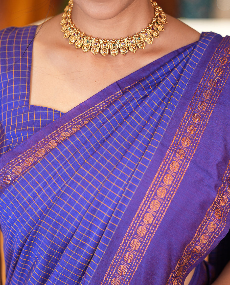 Royal Blue Checked Kalyani Cotton Saree, Contrast Rettai Pettu Rudraksham Border and a Matching Blouse