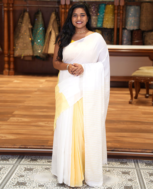Borderless White and Pastel Yellow Plain Khadi Mul Cotton Saree, Self-Pallu Steeped with Stripes, and Paired with a Plain Blouse