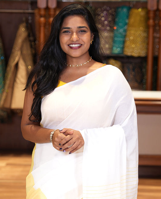 Borderless White and Pastel Yellow Plain Khadi Mul Cotton Saree, Self-Pallu Steeped with Stripes, and Paired with a Plain Blouse