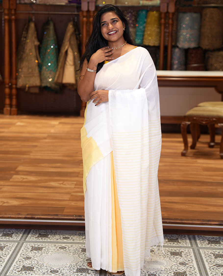 Borderless White and Pastel Yellow Plain Khadi Mul Cotton Saree, Self-Pallu Steeped with Stripes, and Paired with a Plain Blouse