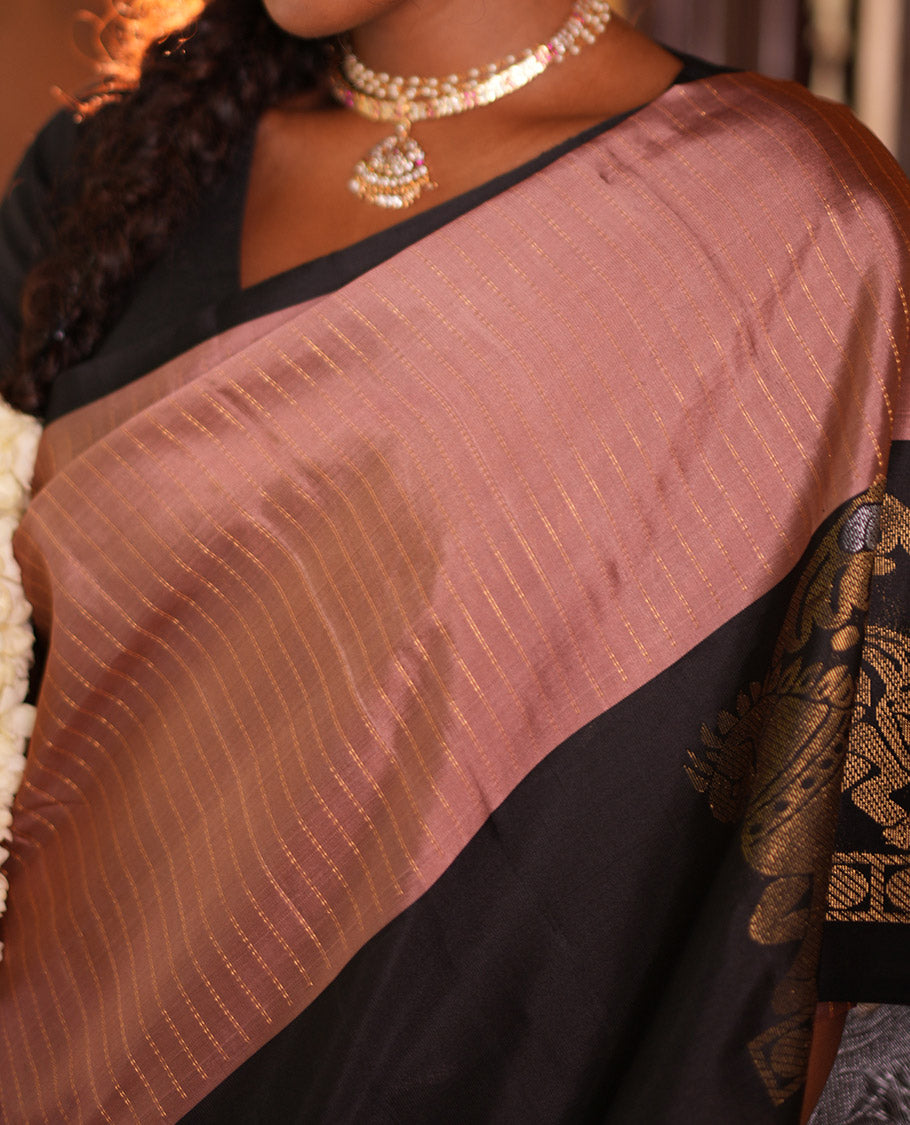 Onion Pink-Black Striped Mayuri Lite Silkmix , Contrast Border, Blouse