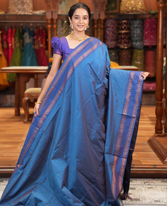 Blue Checked Kalyani Cotton Saree, Contrast Rettai Pettu Rudraksham Border and a Matching Blouse