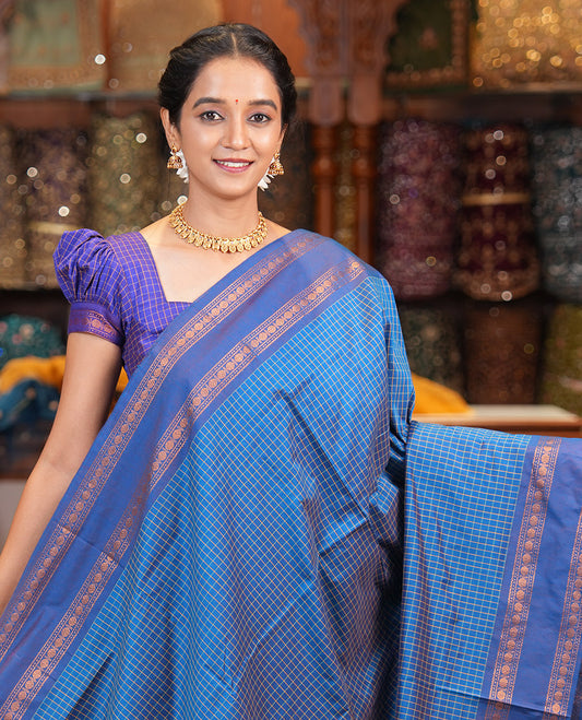 Blue Checked Kalyani Cotton Saree, Contrast Rettai Pettu Rudraksham Border and a Matching Blouse