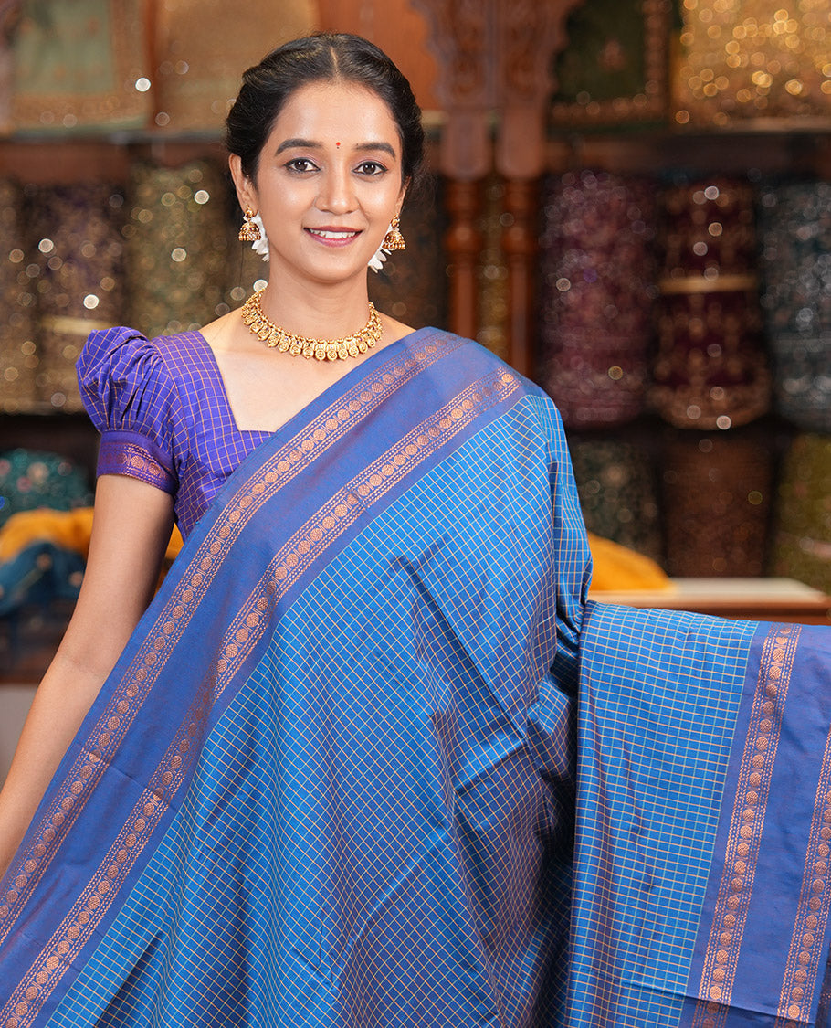 Blue Checked Kalyani Cotton Saree, Contrast Rettai Pettu Rudraksham Border and a Matching Blouse