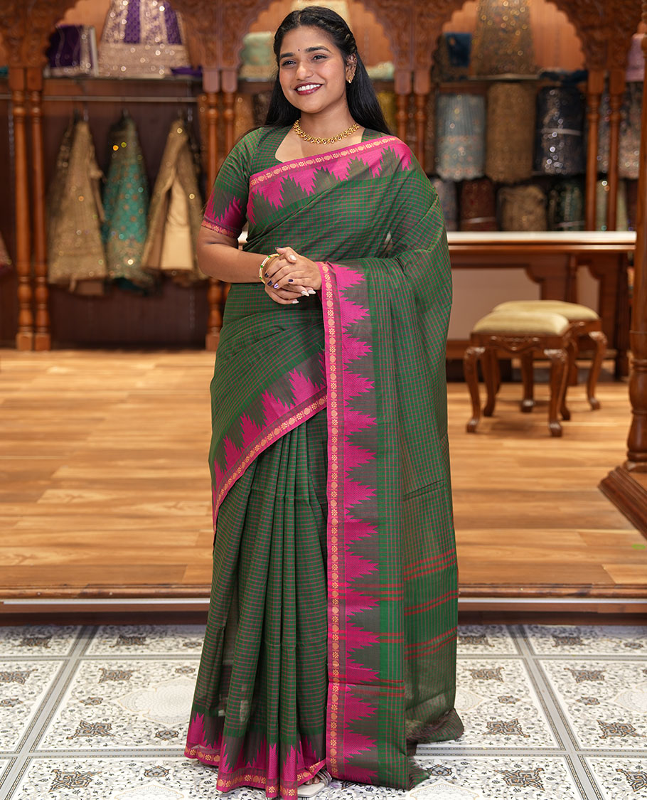Green Chettinad Cotton Saree, Decked Up with a Checked Design on Its Body, Complemented by a Contrast Temple Border, Subtly Striped Pallu, and Paired with a Matching Blouse