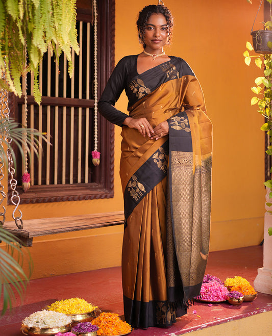 Mehendi Gold Muniya Buttas Vasundhara Lite Silk Mix Saree, Contrast Border, Jaal Pallu, Contrast Blouse