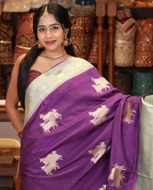 Dark Purple Semi Raw Silk Saree