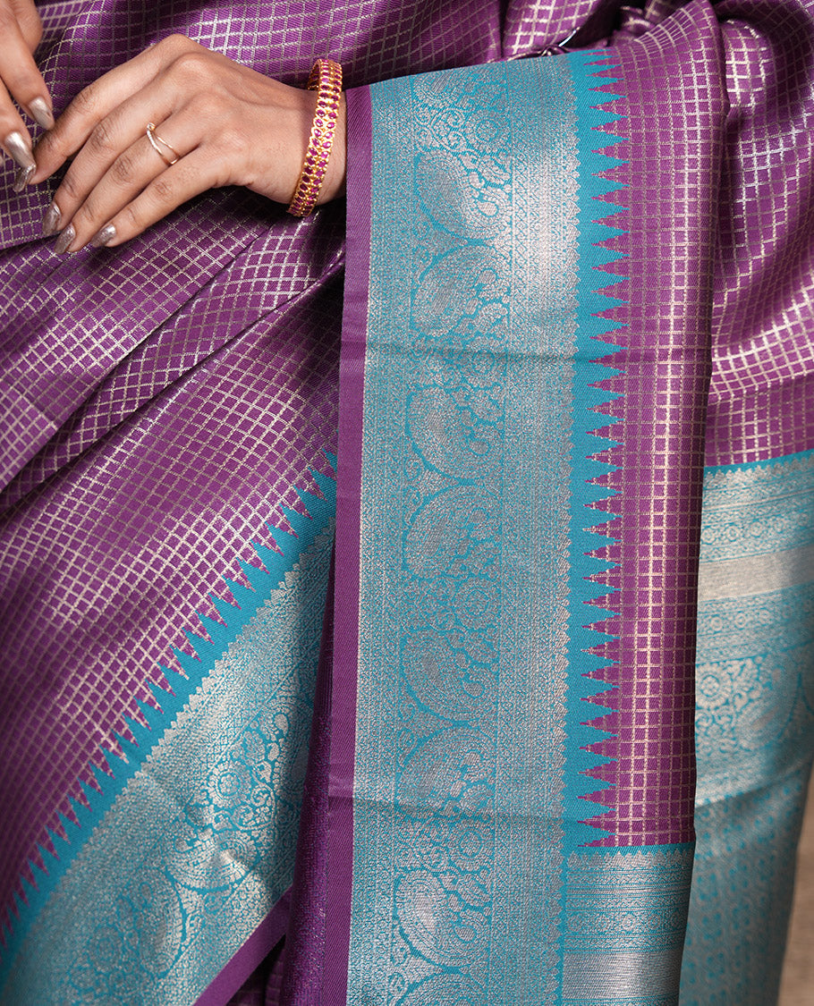 Lavender Zari Checked Litchi Saree with Contrast Ganga-Jamuna Border, Grand Pallu, and a Contrast Blouse