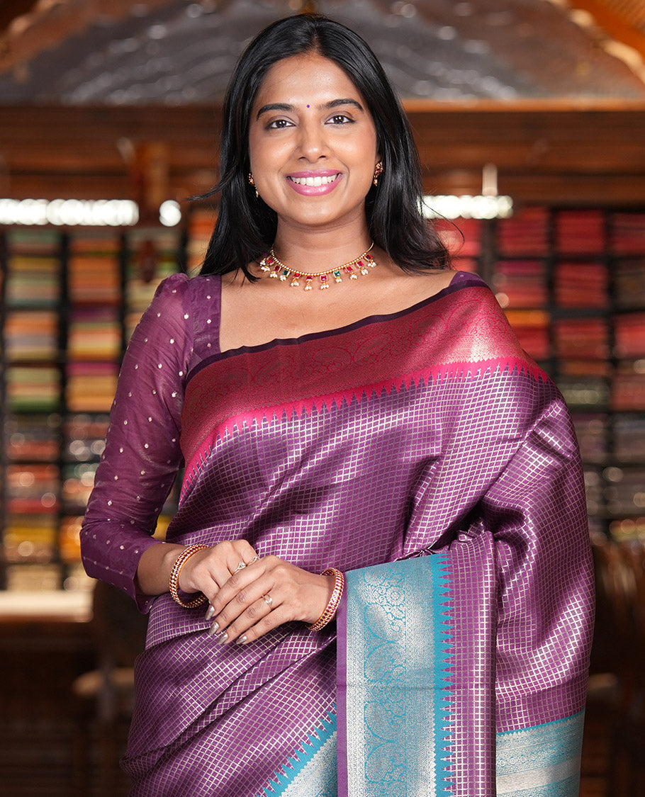Lavender Zari Checked Litchi Saree with Contrast Ganga-Jamuna Border, Grand Pallu, and a Contrast Blouse