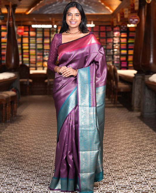 Lavender Zari Checked Litchi Saree with Contrast Ganga-Jamuna Border, Grand Pallu, and a Contrast Blouse