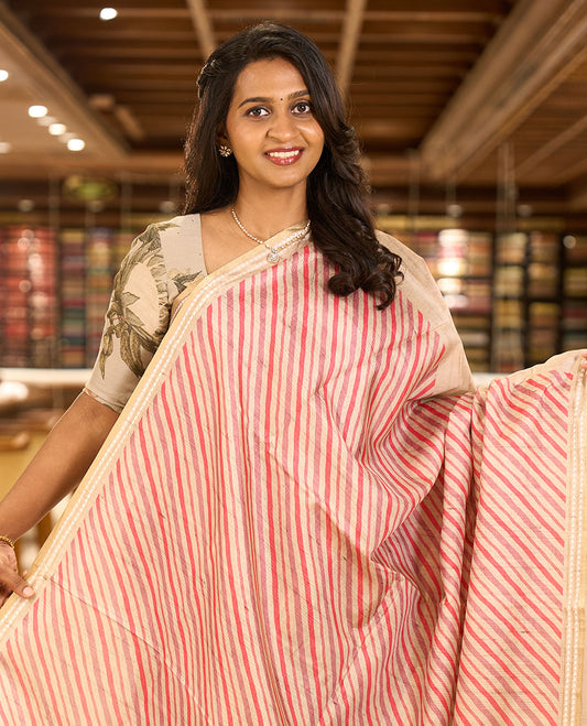Pink lehariya-style striped semi-tussar saree, contrast resham thread triangle motifs border, diamond printed pallu & contrast printed blouse