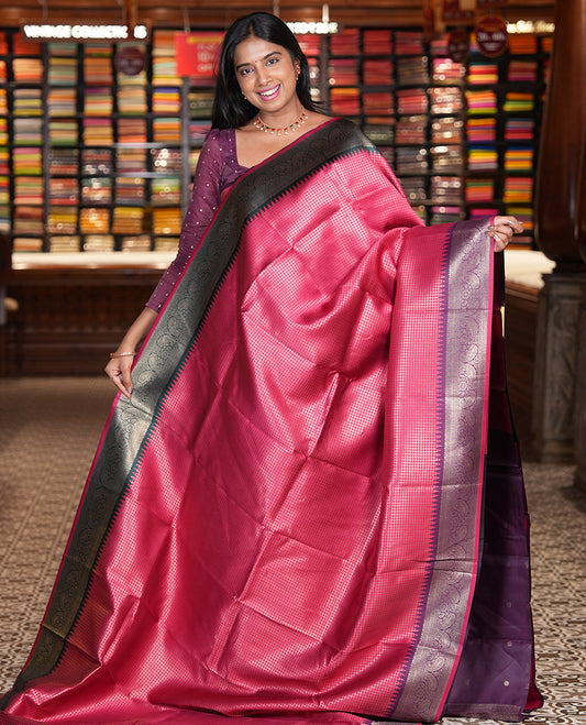 Cherry Zari Checked Litchi Saree with Contrast Ganga-Jamuna Border, Grand Pallu, and a Contrast Blouse