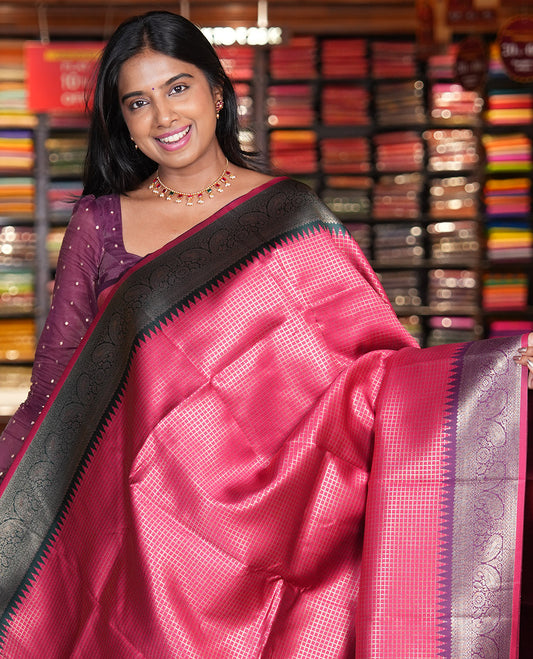 Cherry Zari Checked Litchi Saree with Contrast Ganga-Jamuna Border, Grand Pallu, and a Contrast Blouse