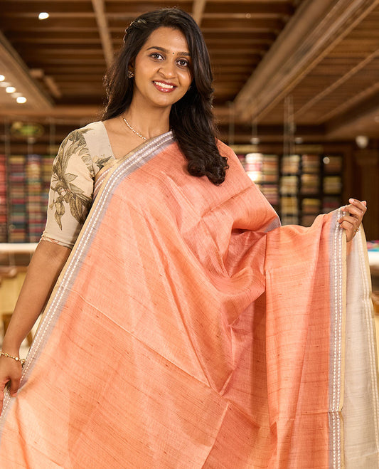 Orange full-plain design semi-tussar saree, contrast thread triangle motifs border, bird motifs printed pallu & contrast striped blouse