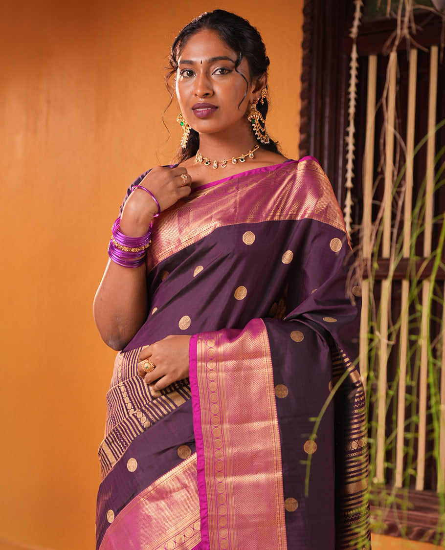 Purple-Magenta Zari Design Vasundhara Lite SilkMix Saree,Contrast Traditional Border,Contrast Blouse